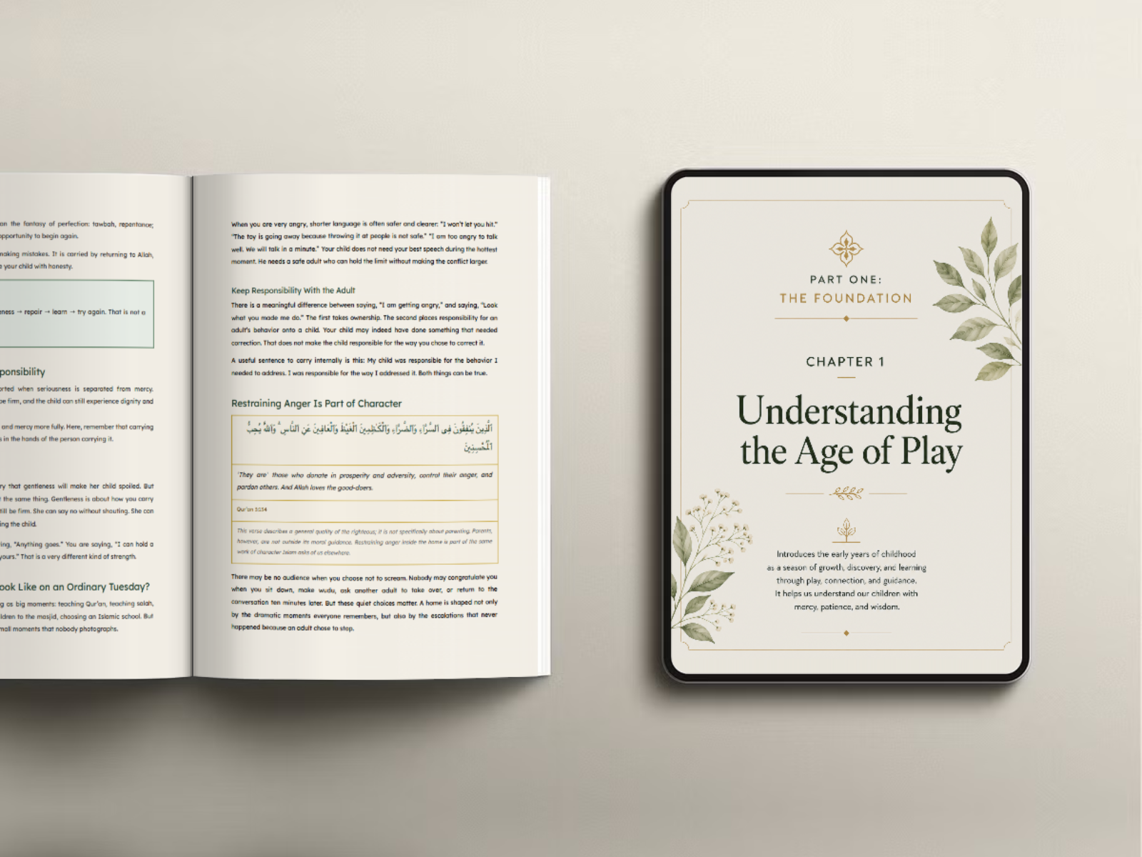 The Age of Play shown as an open book and on a tablet