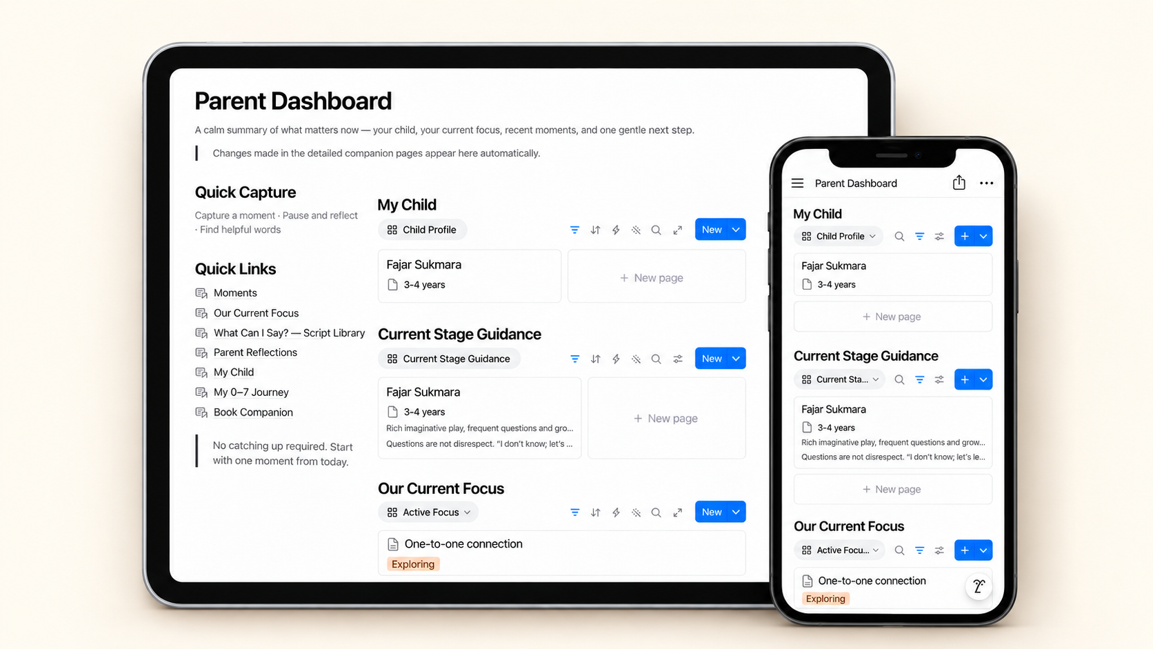 The Notion Parent Companion dashboard on tablet and mobile