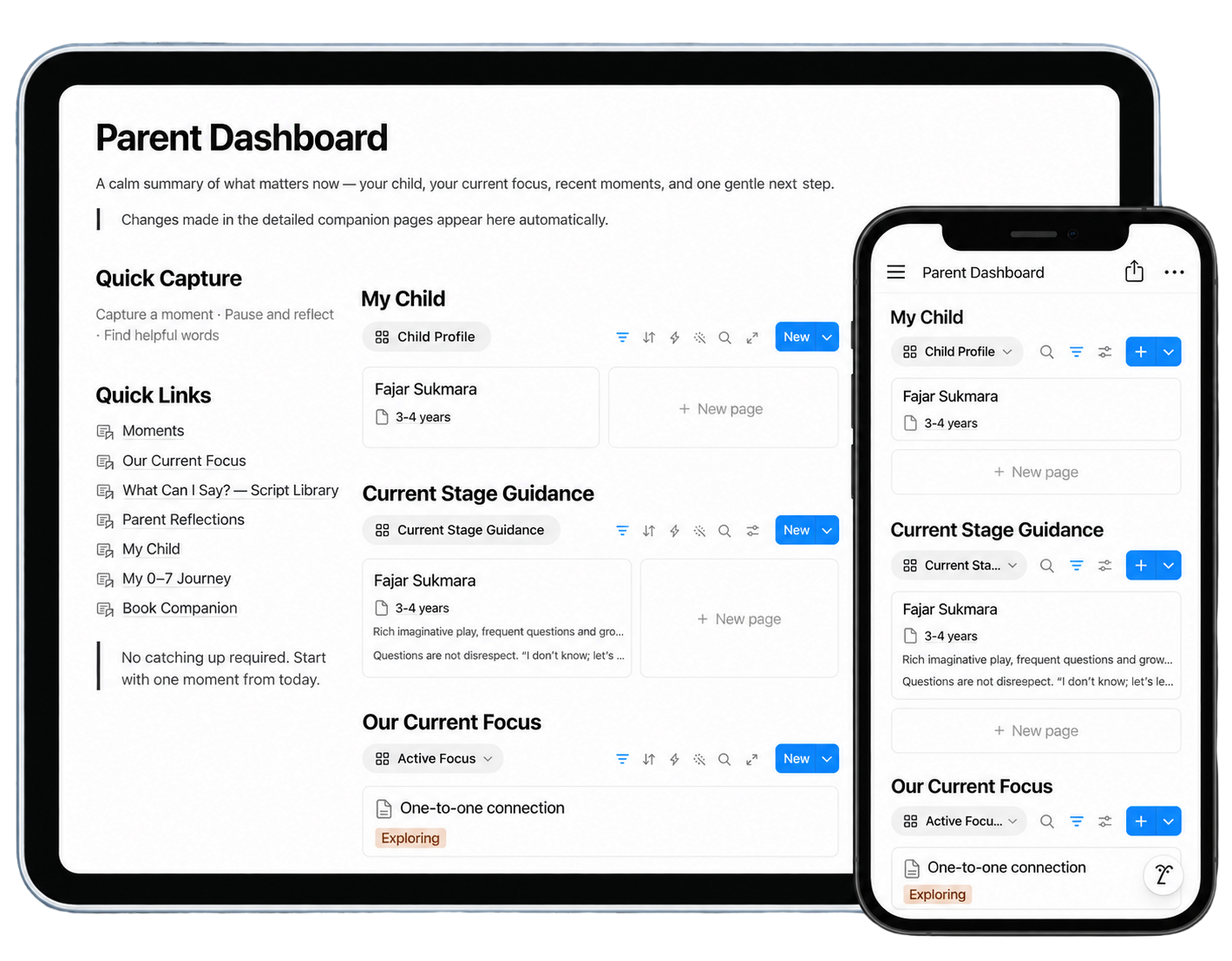 Parent Dashboard in the Notion companion displayed on tablet and mobile