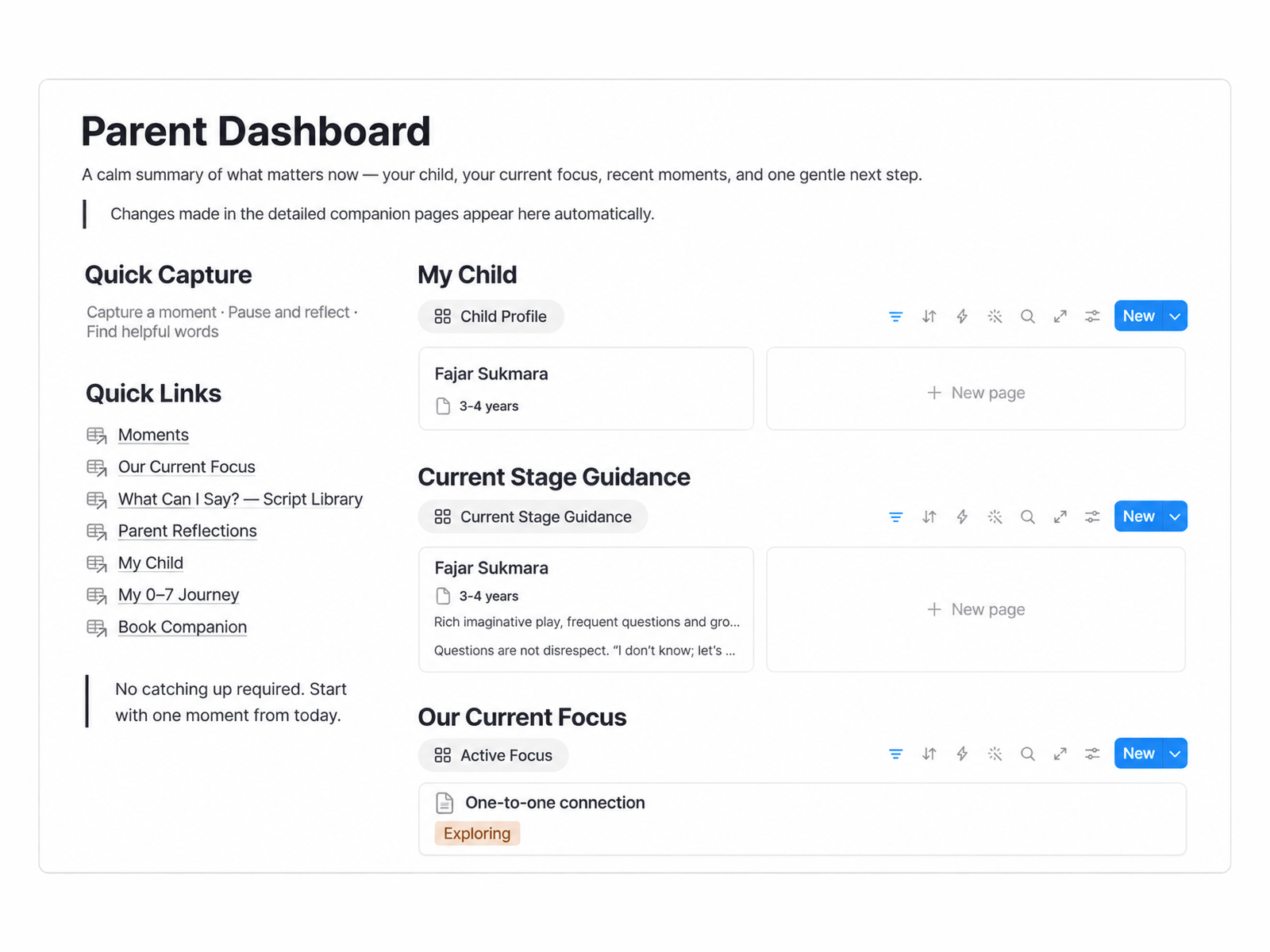 Expanded desktop view of the Notion Parent Companion dashboard