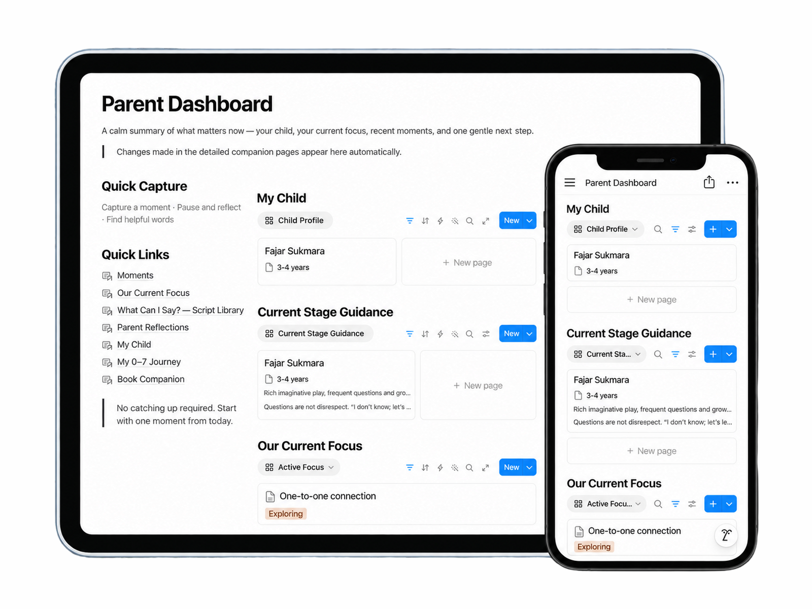 The Notion Parent Companion dashboard shown on tablet and mobile